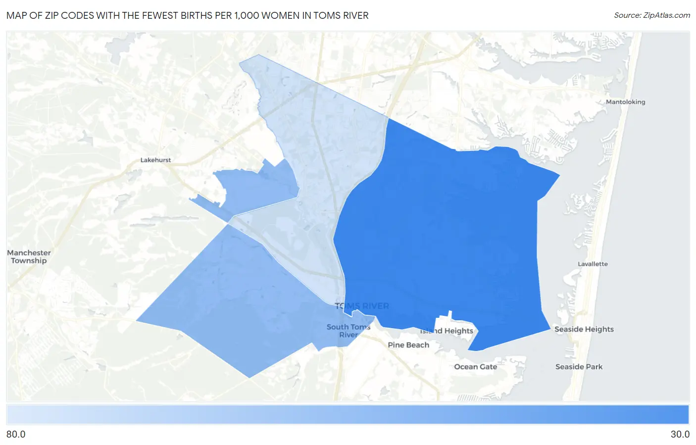Zip Codes with the Fewest Births per 1,000 Women in Toms River Map