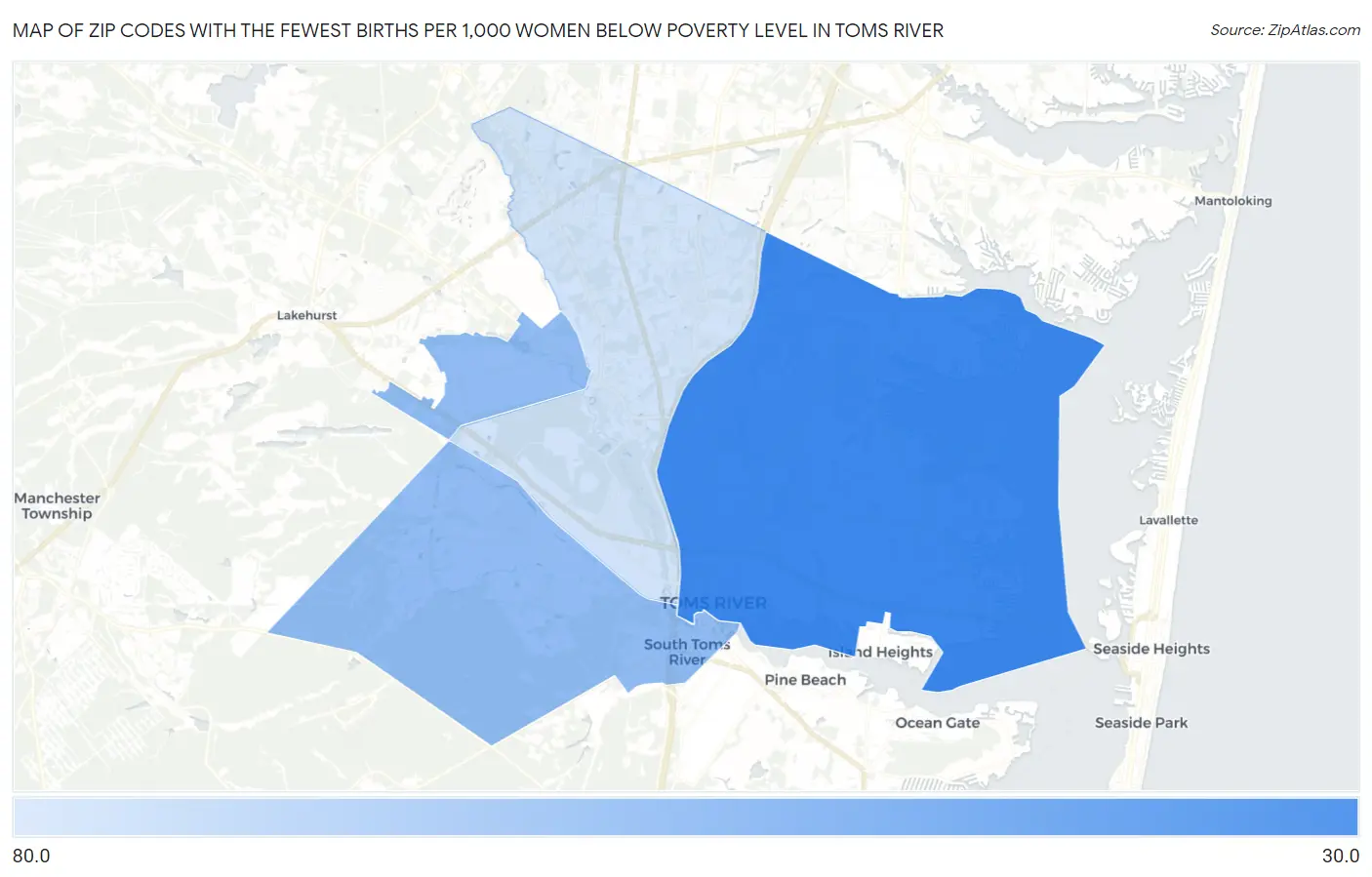Zip Codes with the Fewest Births per 1,000 Women Below Poverty Level in Toms River Map