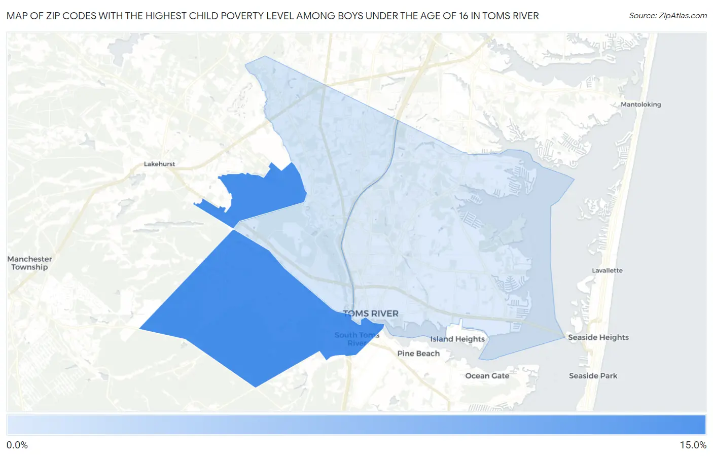 Zip Codes with the Highest Child Poverty Level Among Boys Under the Age of 16 in Toms River Map