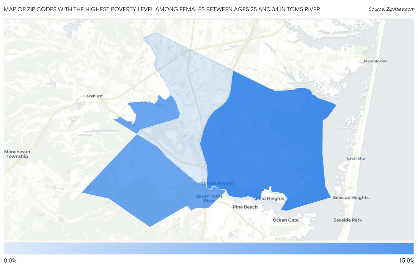 Zip Codes with the Highest Poverty Level Among Females Between Ages 25 and 34 in Toms River Map