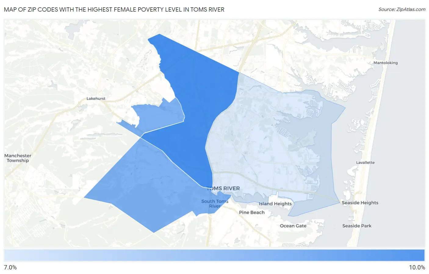 Zip Codes with the Highest Female Poverty Level in Toms River Map