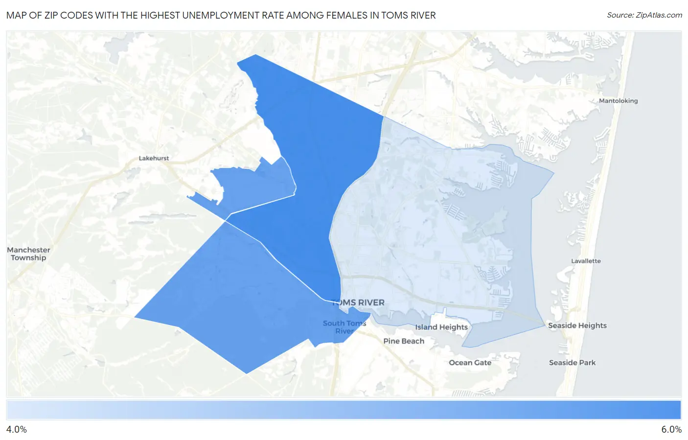 Zip Codes with the Highest Unemployment Rate Among Females in Toms River Map