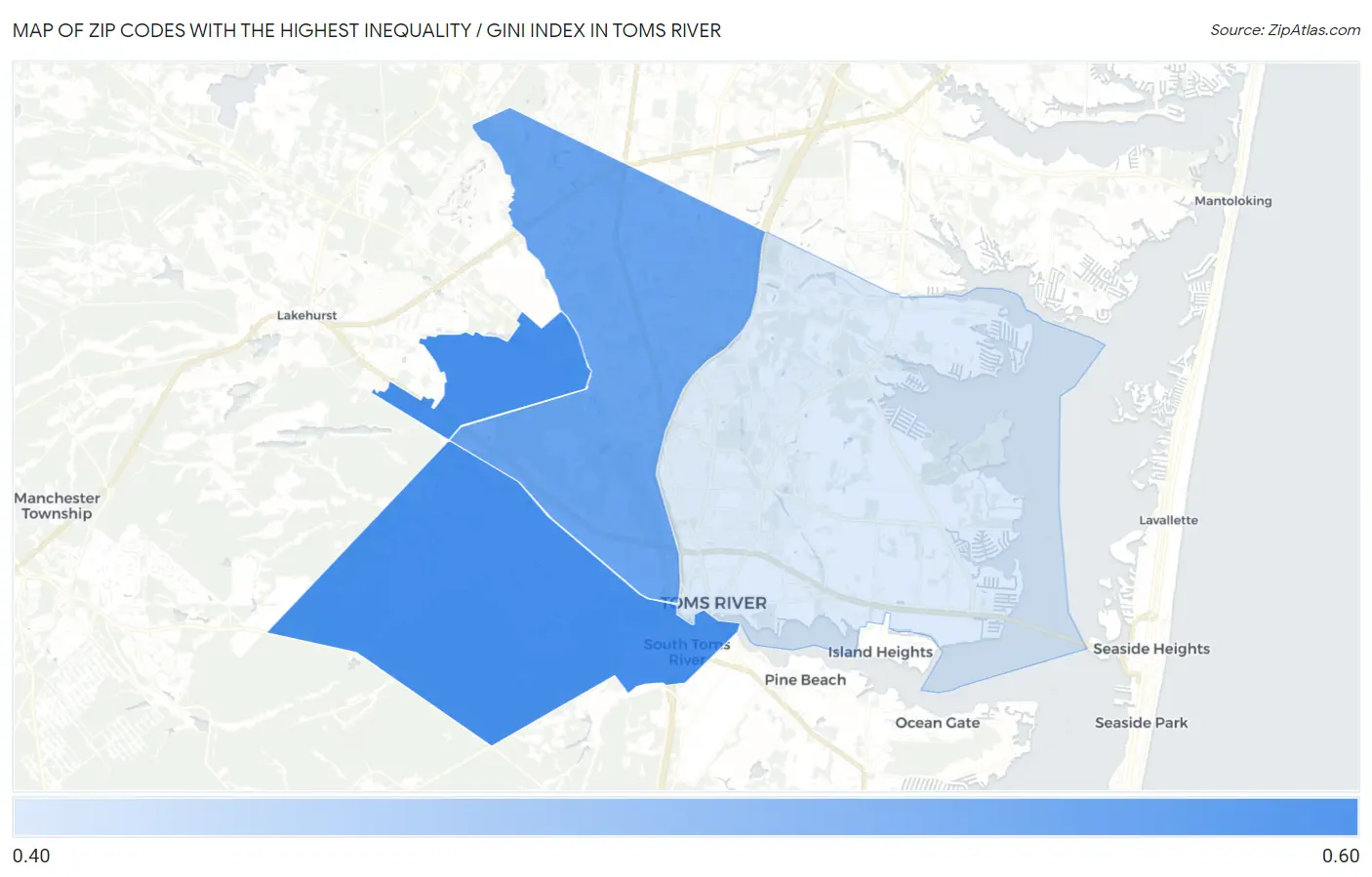 Zip Codes with the Highest Inequality / Gini Index in Toms River Map
