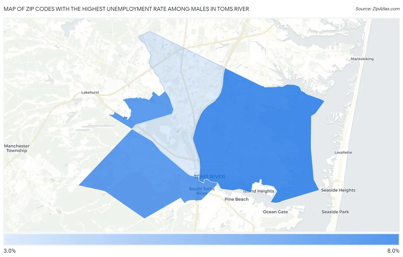 Zip Codes with the Highest Unemployment Rate Among Males in Toms River Map
