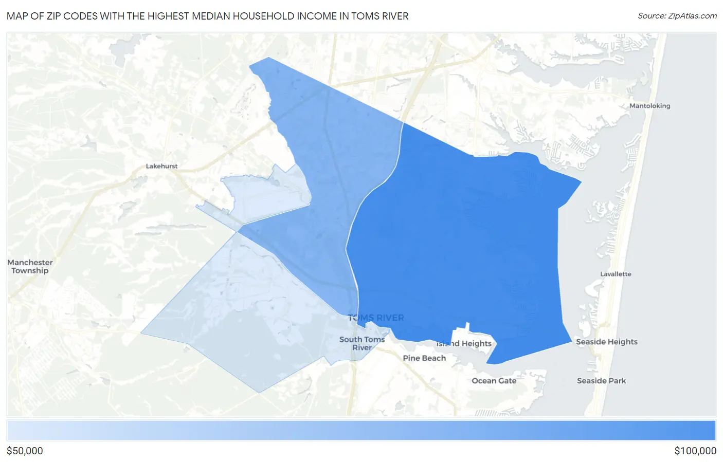 Zip Codes with the Highest Median Household Income in Toms River Map