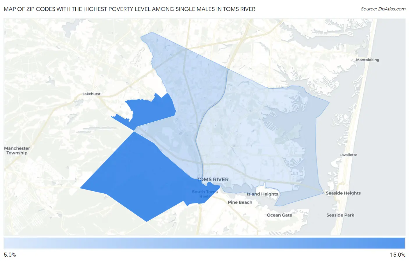 Zip Codes with the Highest Poverty Level Among Single Males in Toms River Map