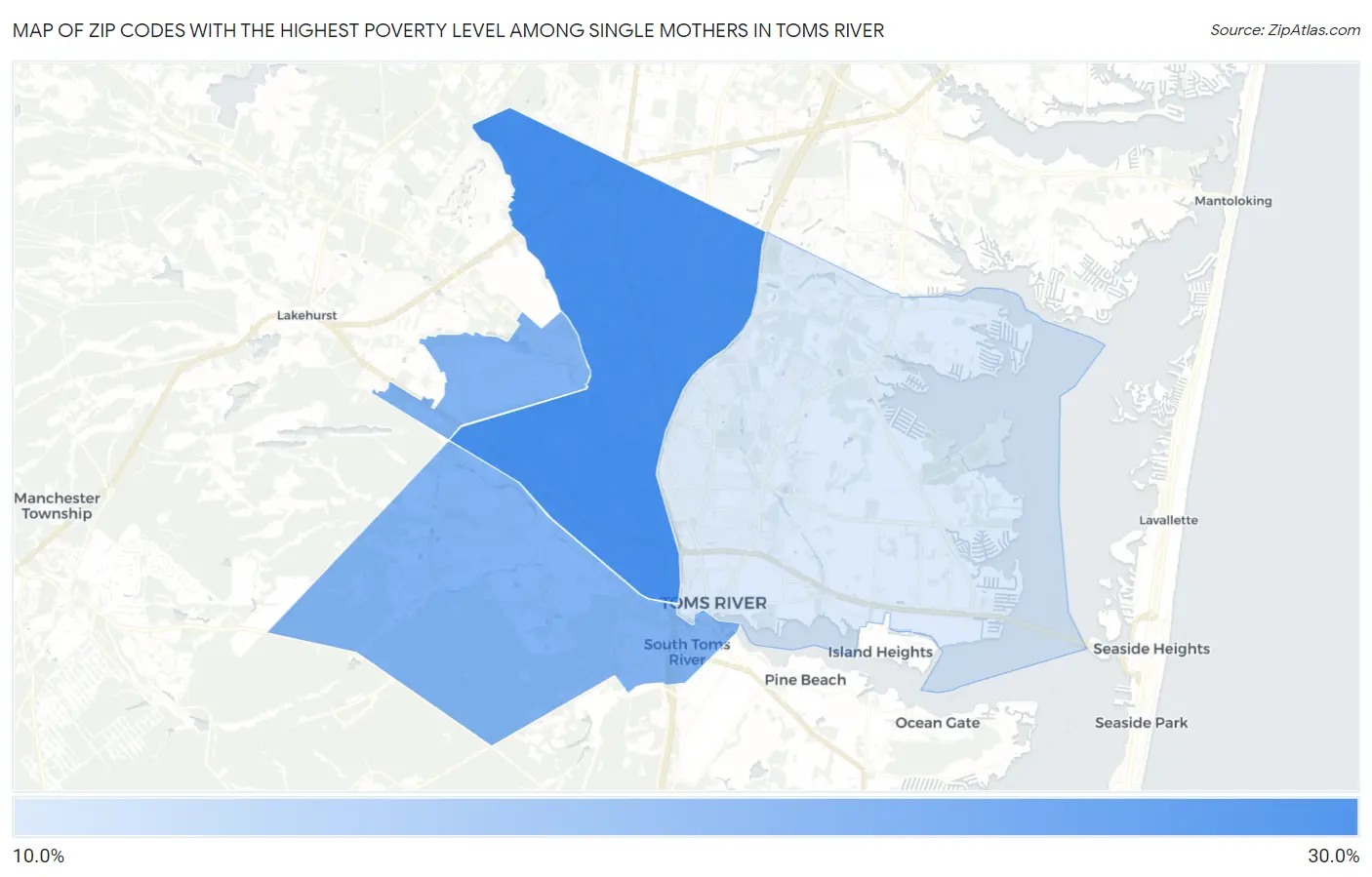 Zip Codes with the Highest Poverty Level Among Single Mothers in Toms River Map