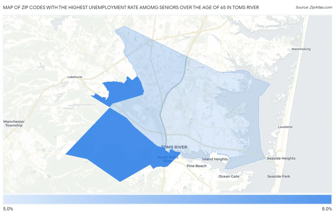 Zip Codes with the Highest Unemployment Rate Amomg Seniors Over the Age of 65 in Toms River Map
