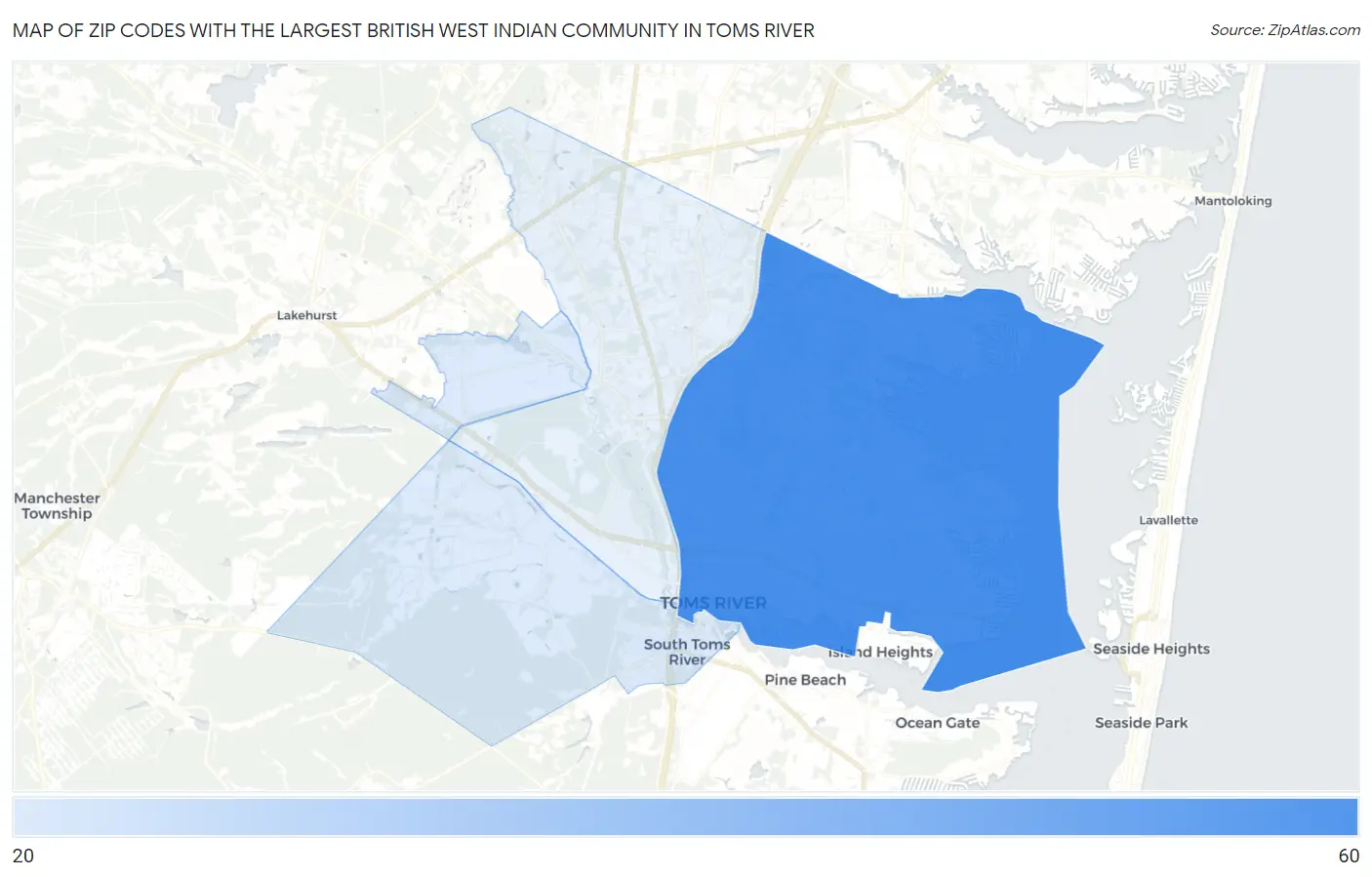 Zip Codes with the Largest British West Indian Community in Toms River Map