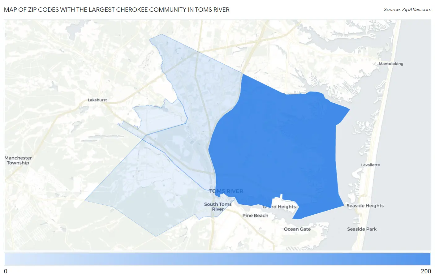 Zip Codes with the Largest Cherokee Community in Toms River Map
