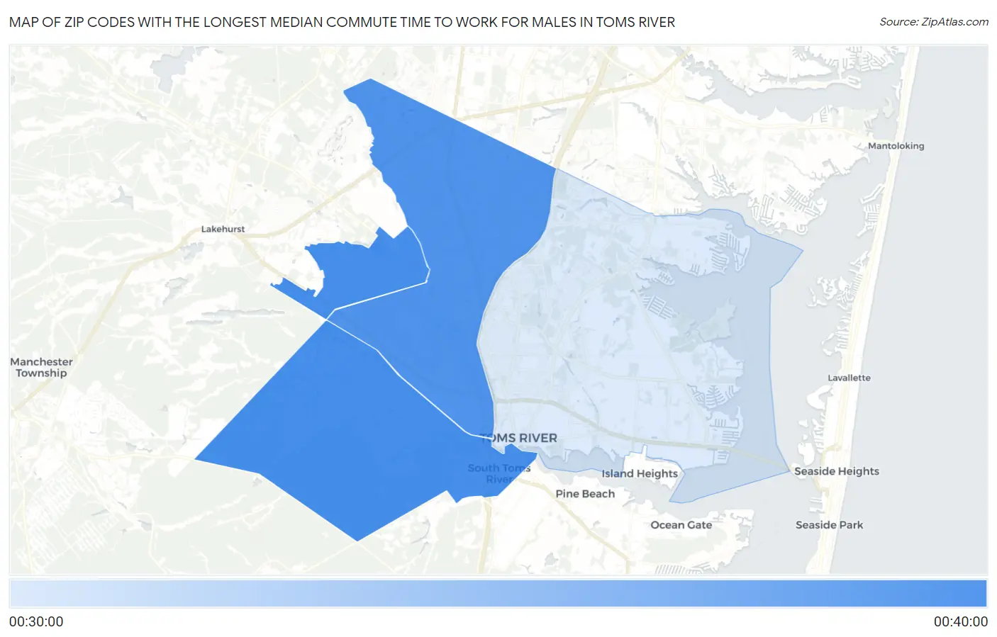 Zip Codes with the Longest Median Commute Time to Work for Males in Toms River Map