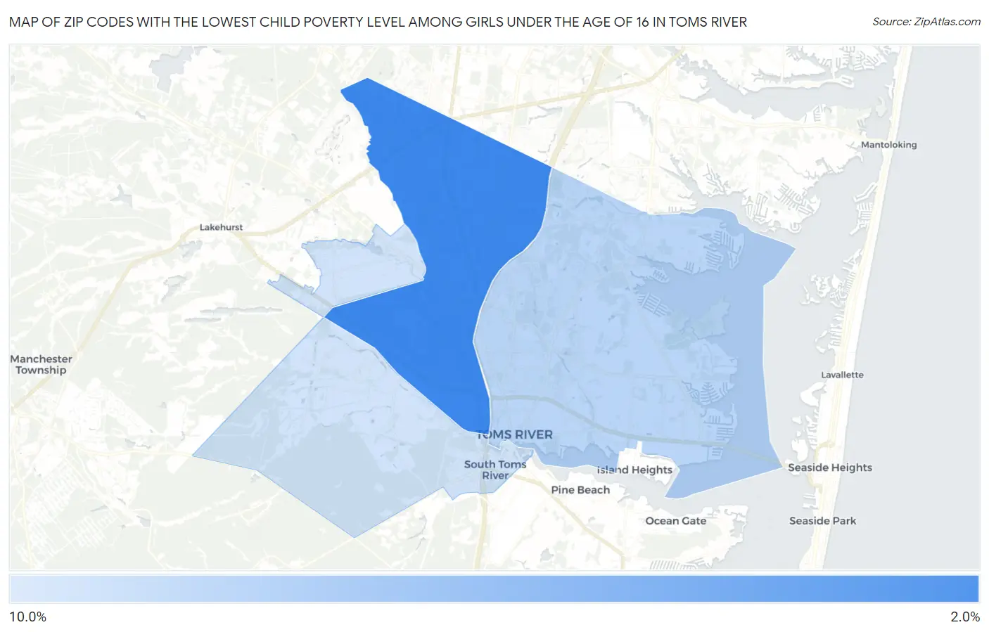 Zip Codes with the Lowest Child Poverty Level Among Girls Under the Age of 16 in Toms River Map