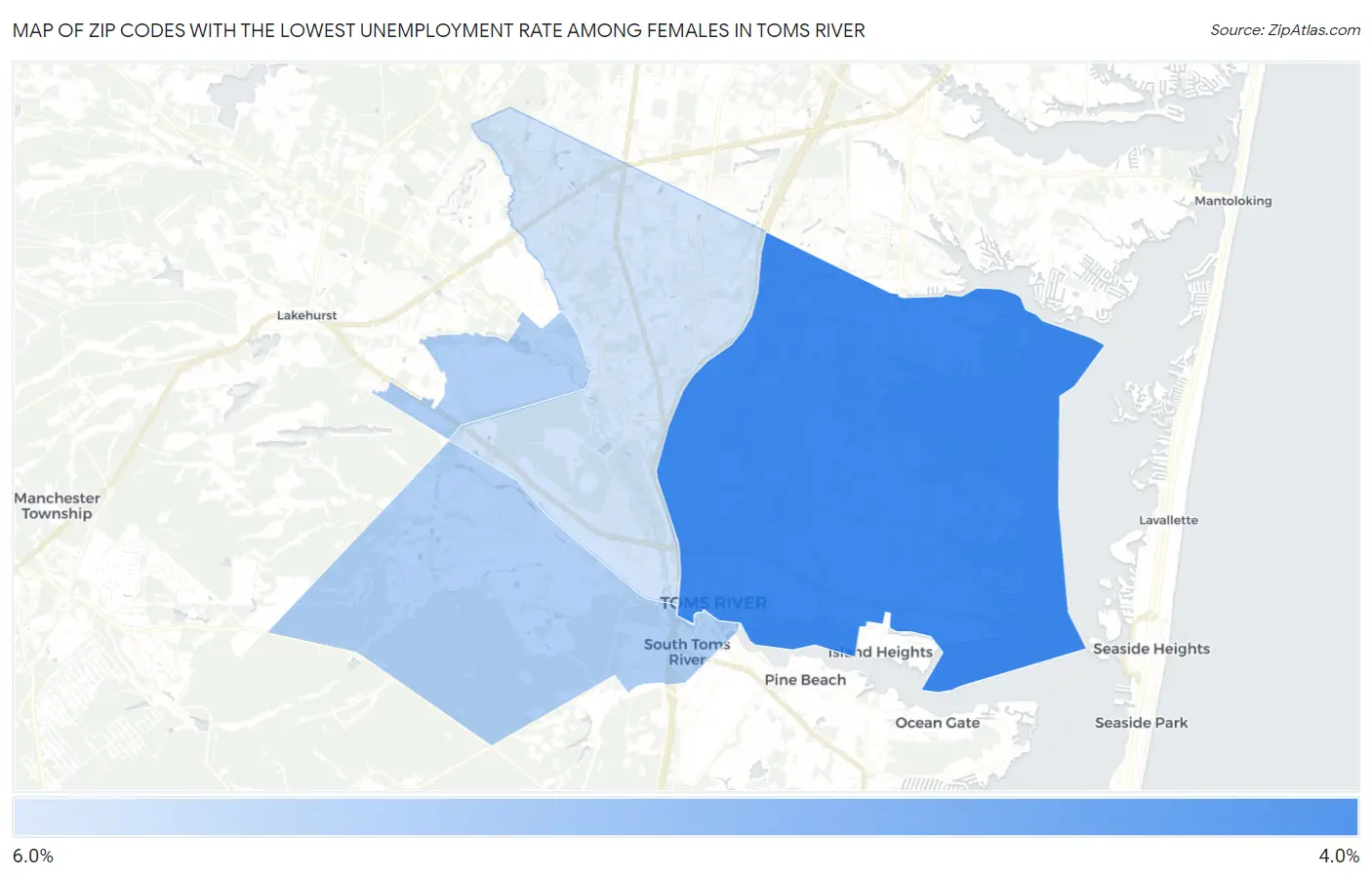 Zip Codes with the Lowest Unemployment Rate Among Females in Toms River Map