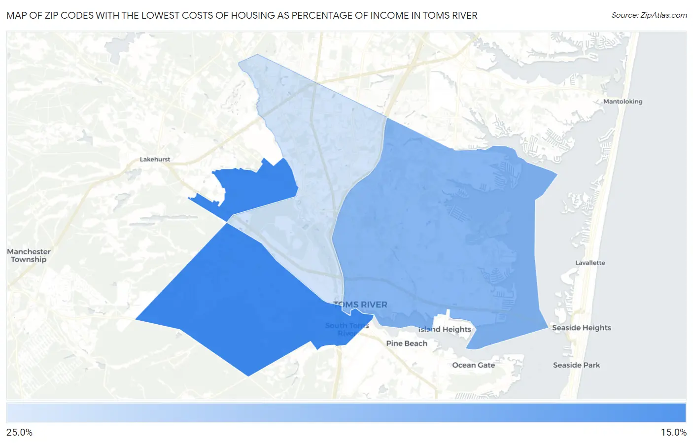 Zip Codes with the Lowest Costs of Housing as Percentage of Income in Toms River Map