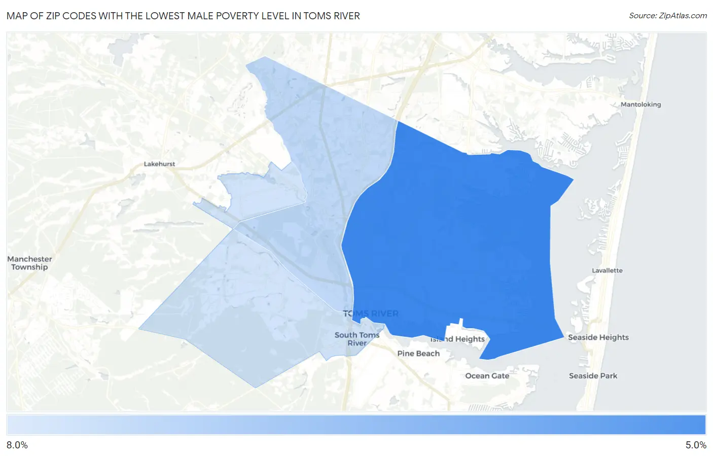 Zip Codes with the Lowest Male Poverty Level in Toms River Map