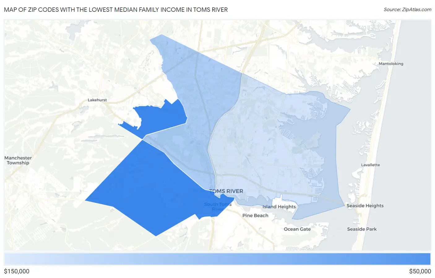 Zip Codes with the Lowest Median Family Income in Toms River Map