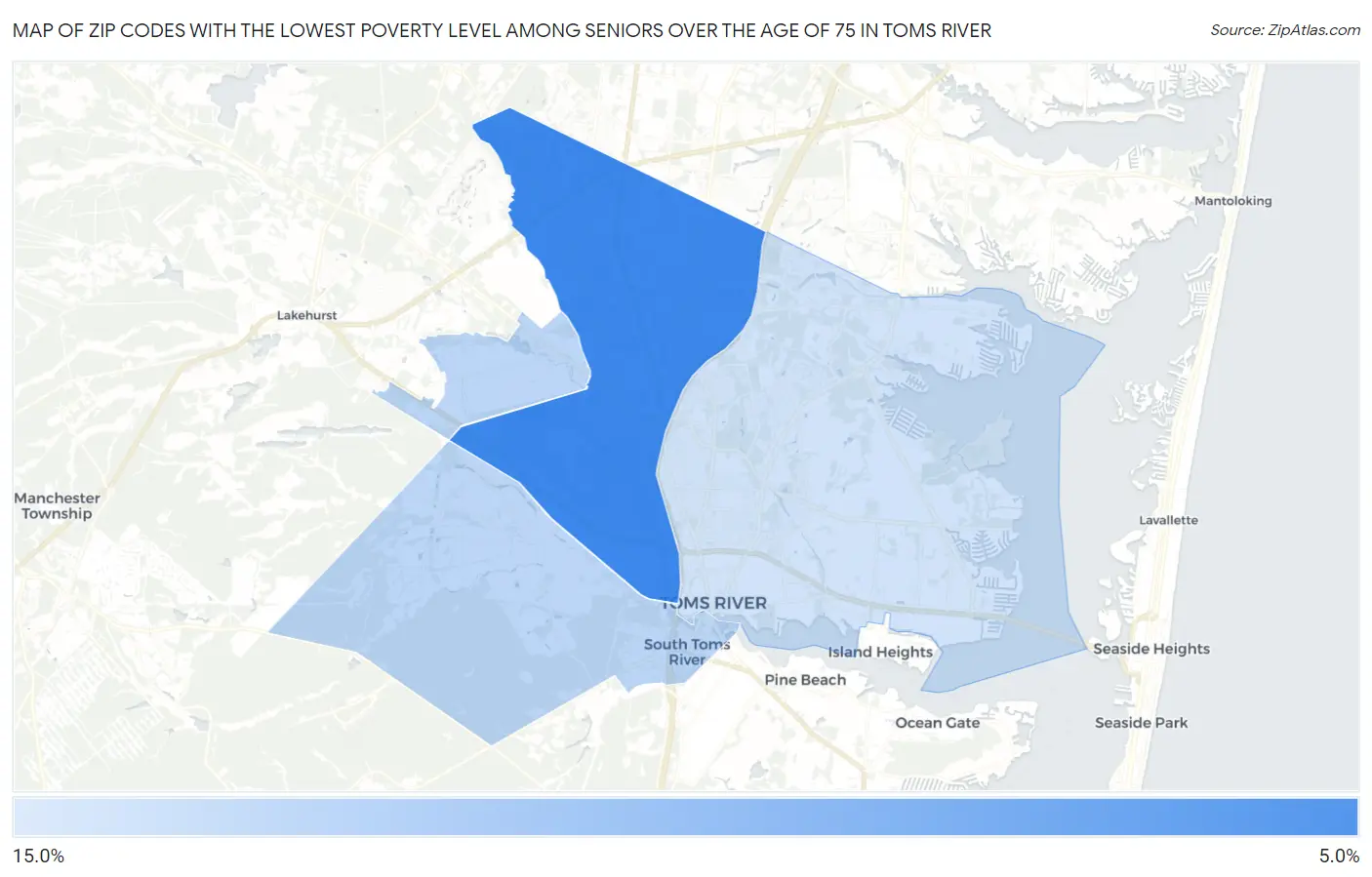 Zip Codes with the Lowest Poverty Level Among Seniors Over the Age of 75 in Toms River Map