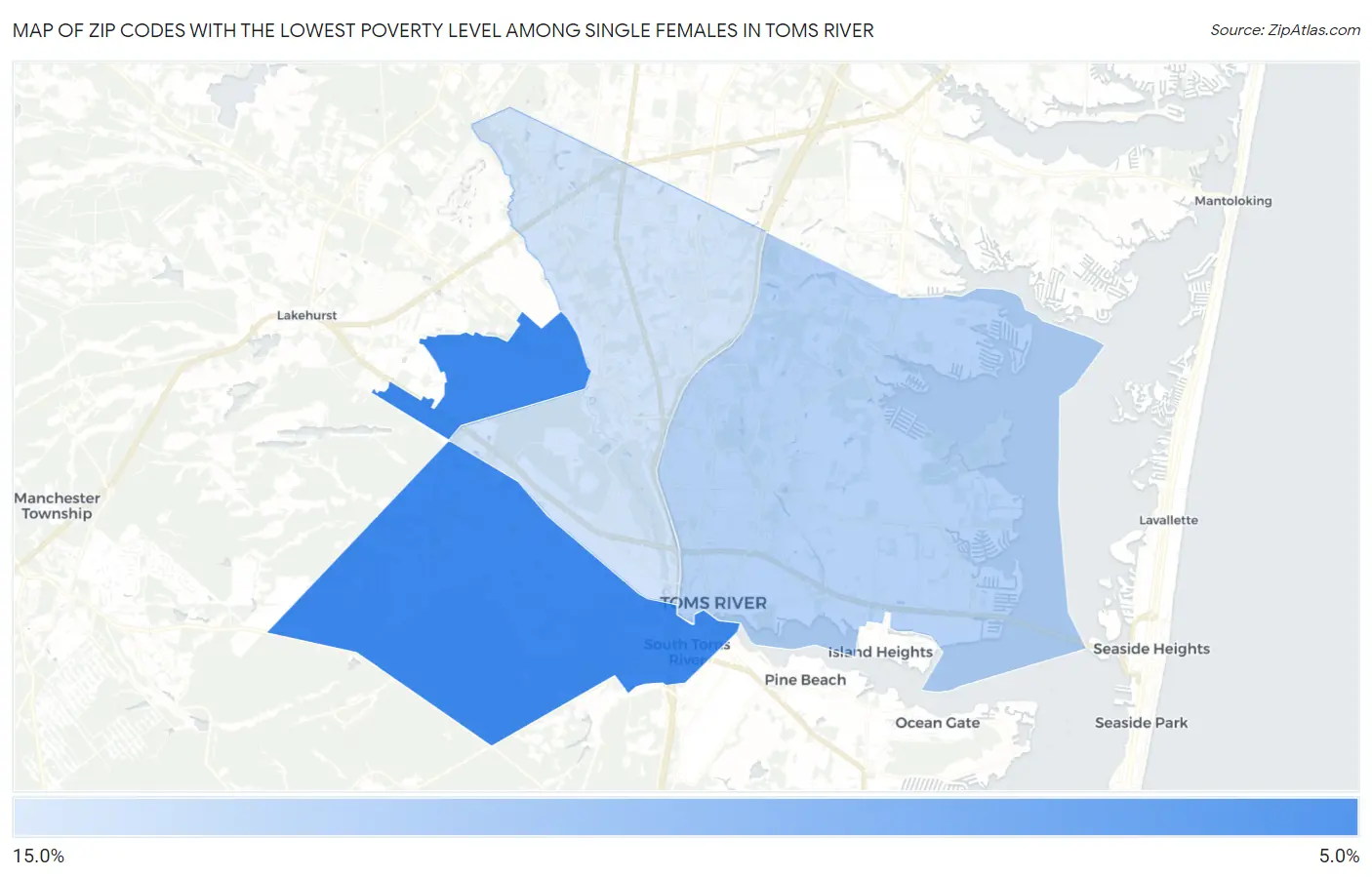 Zip Codes with the Lowest Poverty Level Among Single Females in Toms River Map