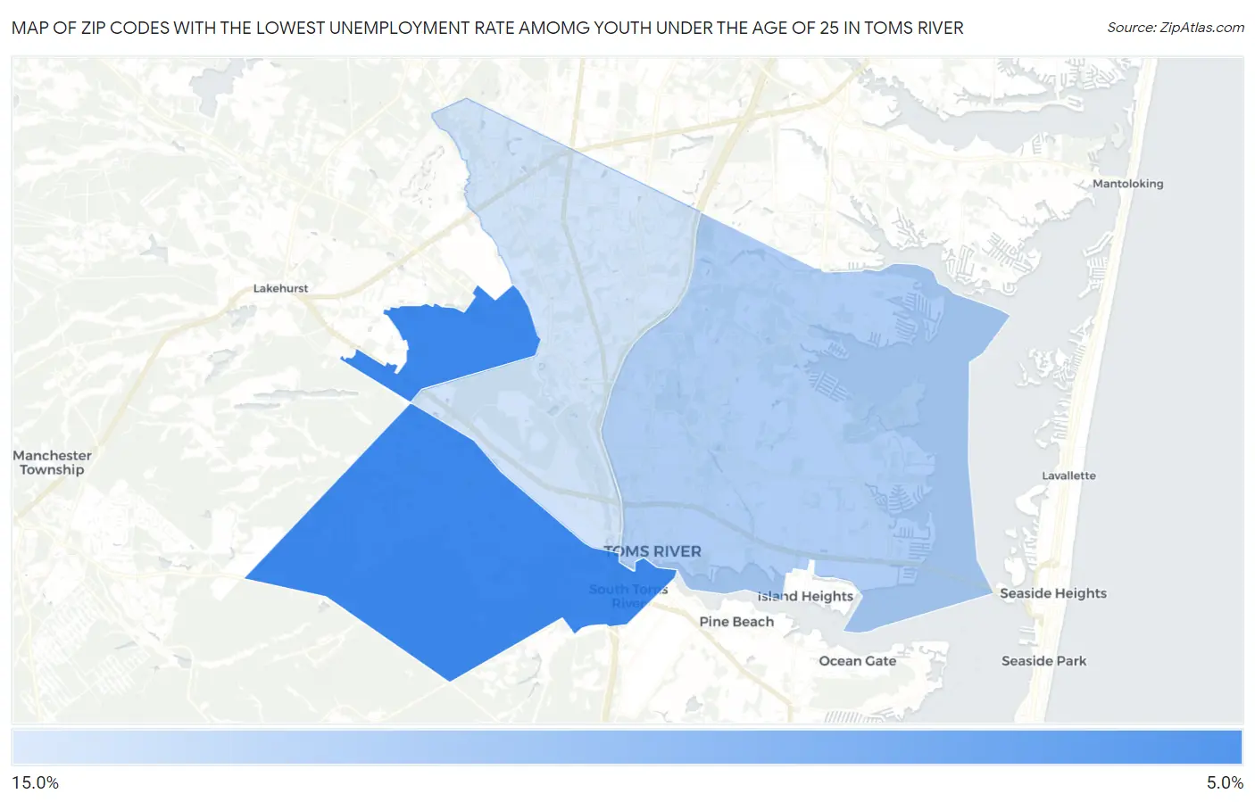Zip Codes with the Lowest Unemployment Rate Amomg Youth Under the Age of 25 in Toms River Map