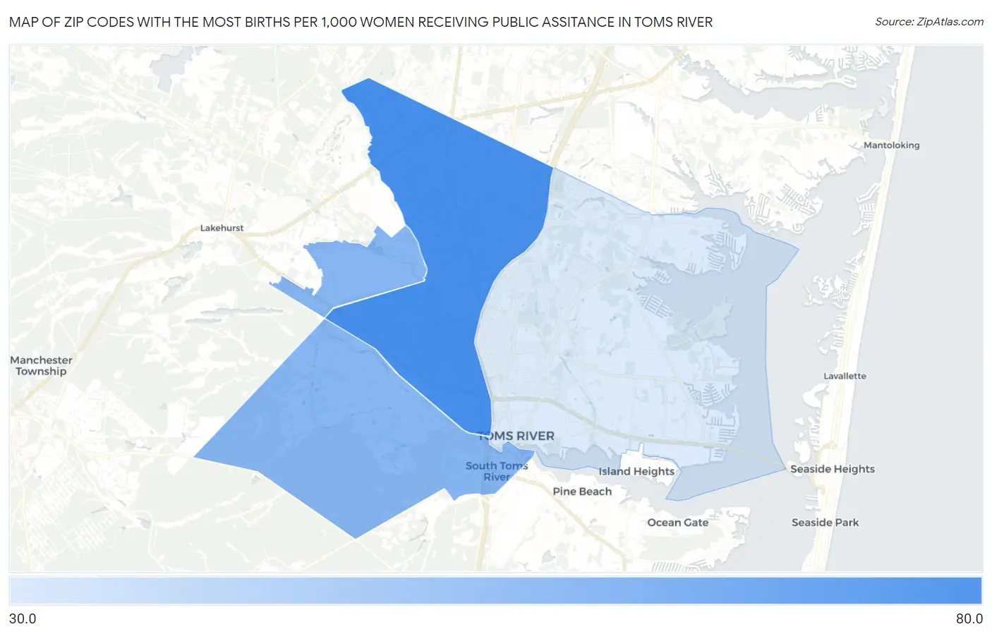 Zip Codes with the Most Births per 1,000 Women Receiving Public Assitance in Toms River Map
