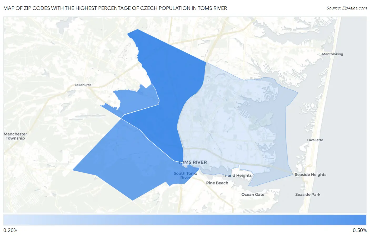 Zip Codes with the Highest Percentage of Czech Population in Toms River Map
