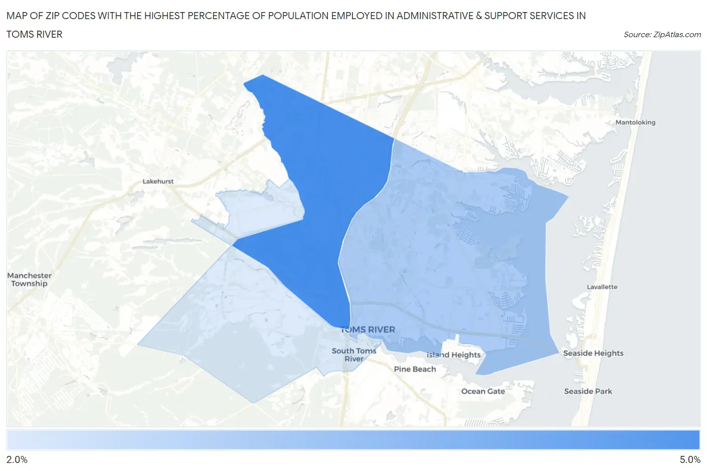 Zip Codes with the Highest Percentage of Population Employed in Administrative & Support Services in Toms River Map