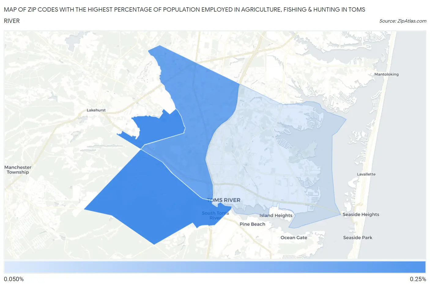 Zip Codes with the Highest Percentage of Population Employed in Agriculture, Fishing & Hunting in Toms River Map