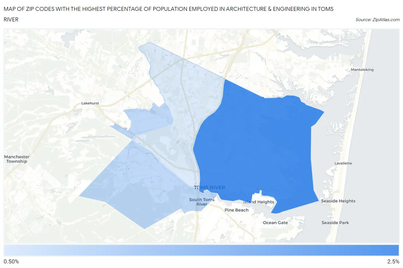 Zip Codes with the Highest Percentage of Population Employed in Architecture & Engineering in Toms River Map