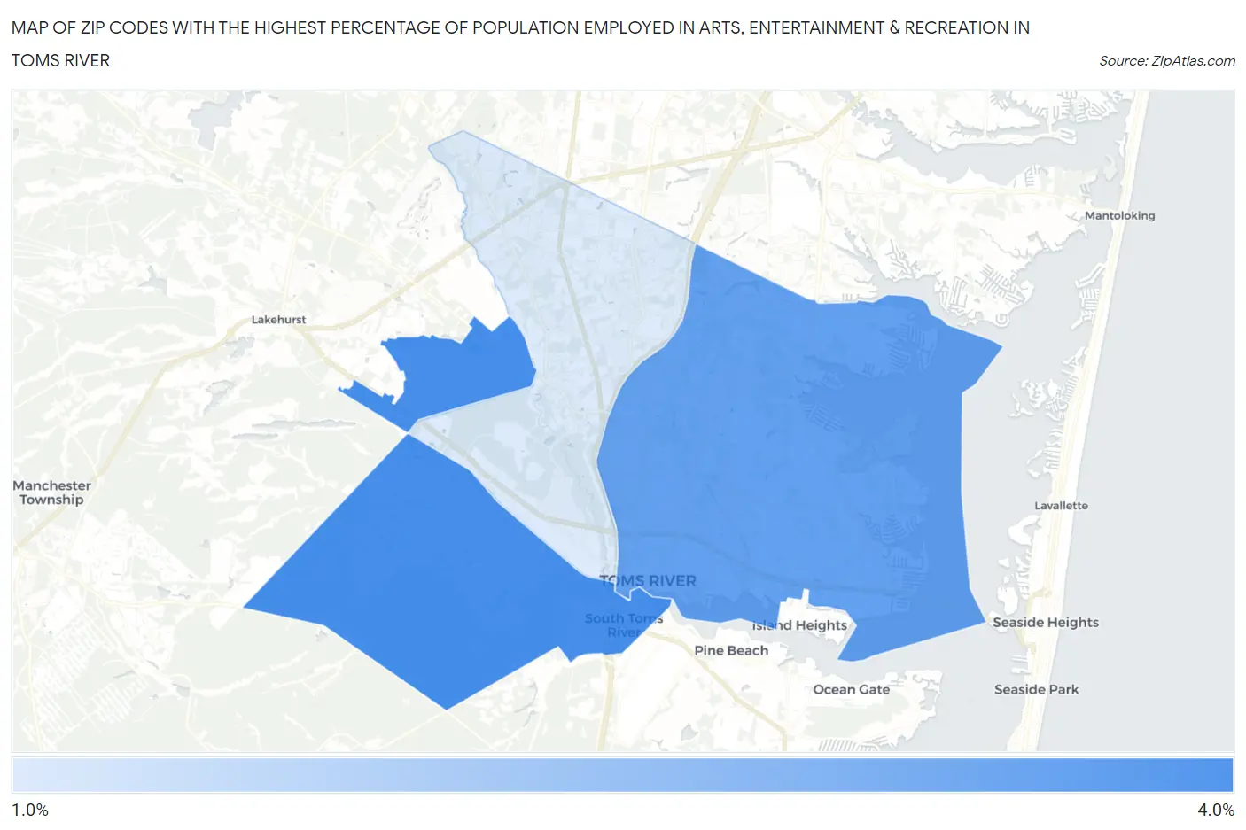 Zip Codes with the Highest Percentage of Population Employed in Arts, Entertainment & Recreation in Toms River Map