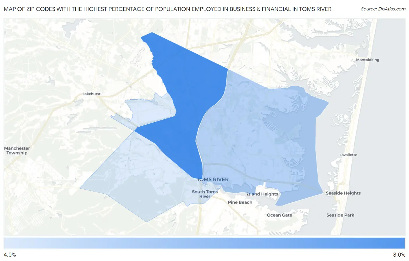 Zip Codes with the Highest Percentage of Population Employed in Business & Financial in Toms River Map