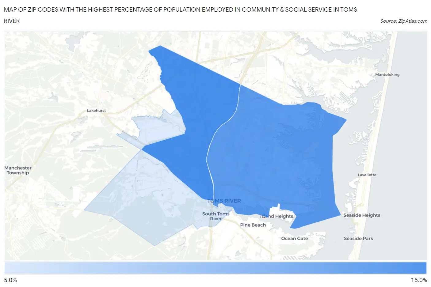 Zip Codes with the Highest Percentage of Population Employed in Community & Social Service  in Toms River Map