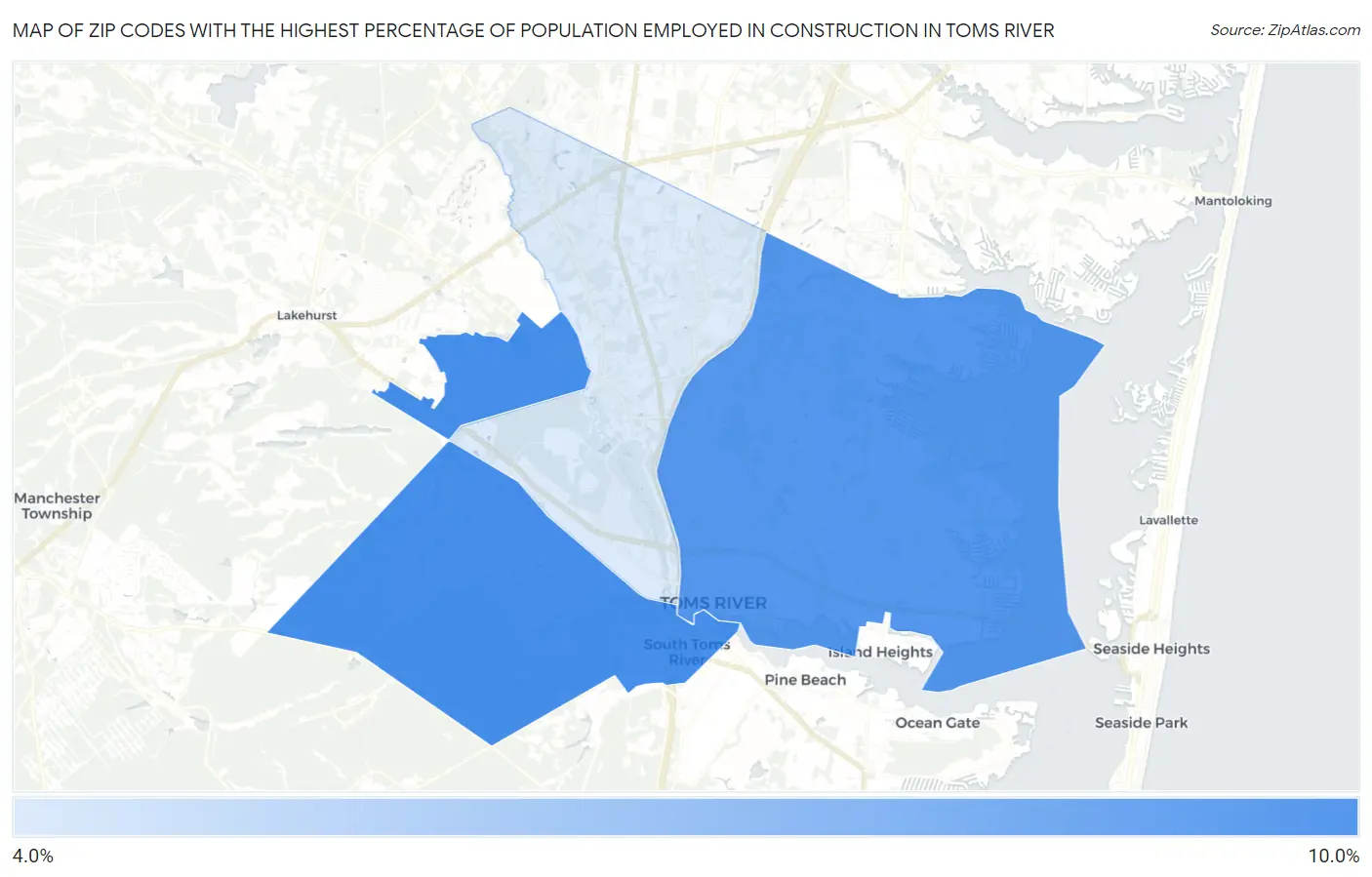 Zip Codes with the Highest Percentage of Population Employed in Construction in Toms River Map