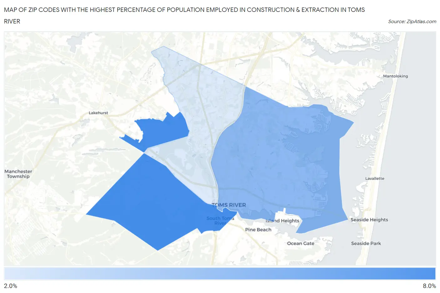 Zip Codes with the Highest Percentage of Population Employed in Construction & Extraction in Toms River Map