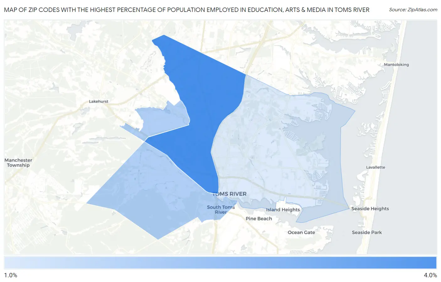 Zip Codes with the Highest Percentage of Population Employed in Education, Arts & Media in Toms River Map