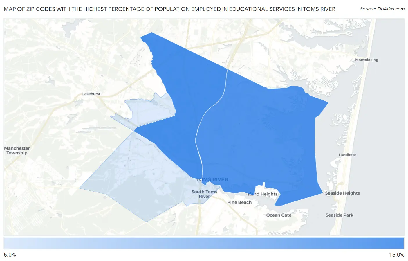 Zip Codes with the Highest Percentage of Population Employed in Educational Services in Toms River Map