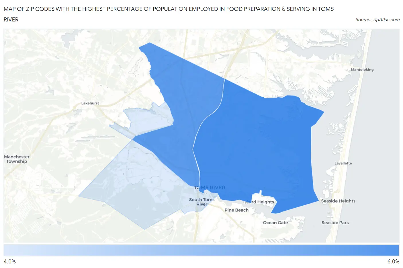 Zip Codes with the Highest Percentage of Population Employed in Food Preparation & Serving in Toms River Map