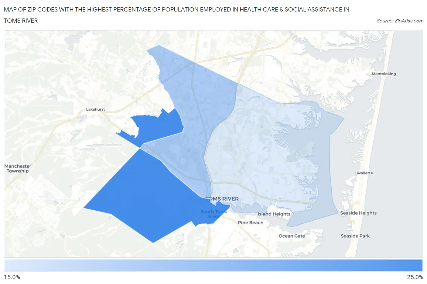 Zip Codes with the Highest Percentage of Population Employed in Health Care & Social Assistance in Toms River Map