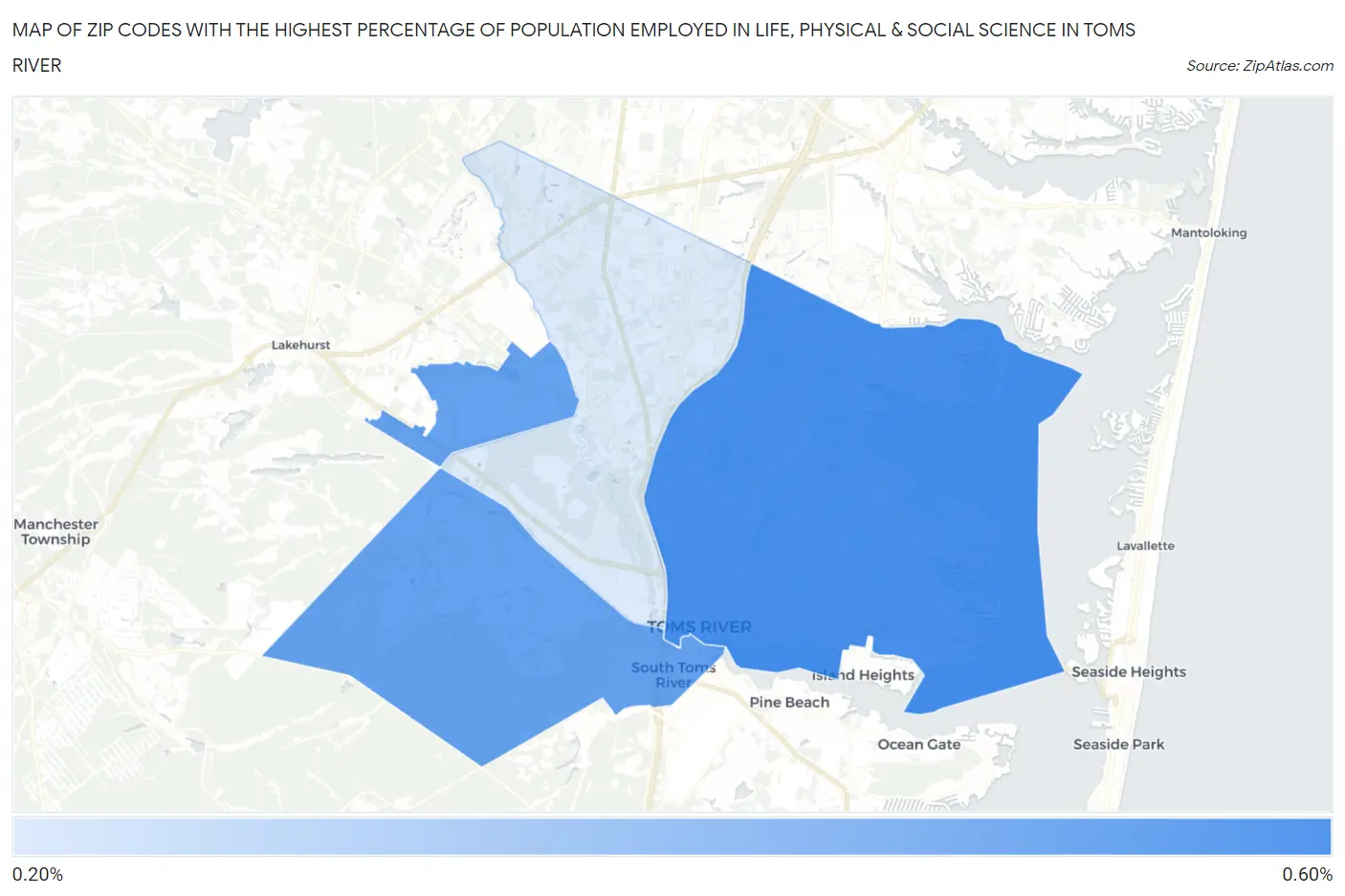 Zip Codes with the Highest Percentage of Population Employed in Life, Physical & Social Science in Toms River Map