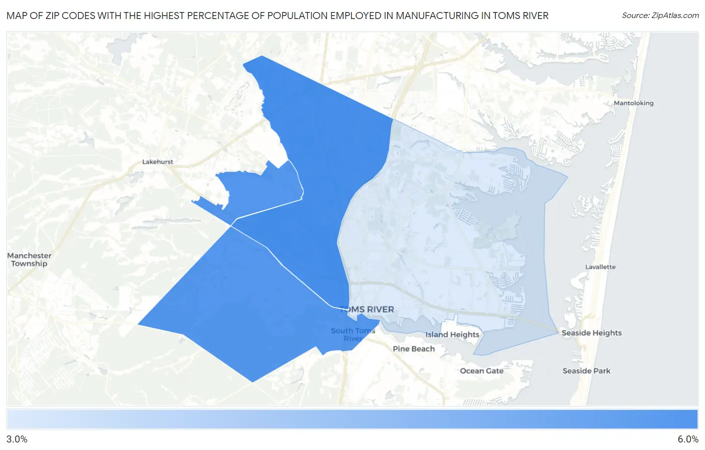 Zip Codes with the Highest Percentage of Population Employed in Manufacturing in Toms River Map