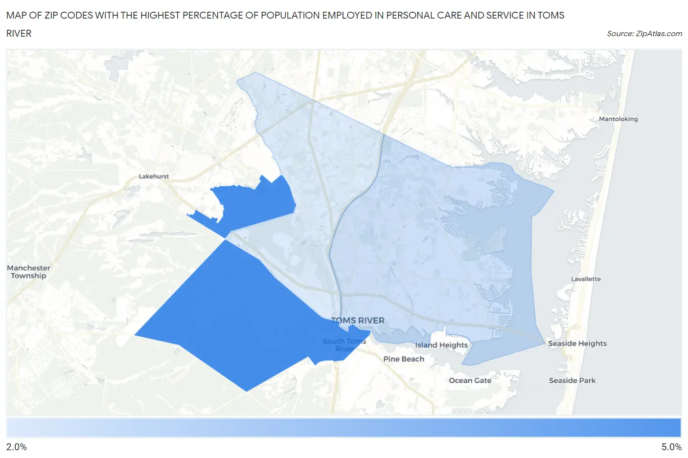 Zip Codes with the Highest Percentage of Population Employed in Personal Care and Service in Toms River Map