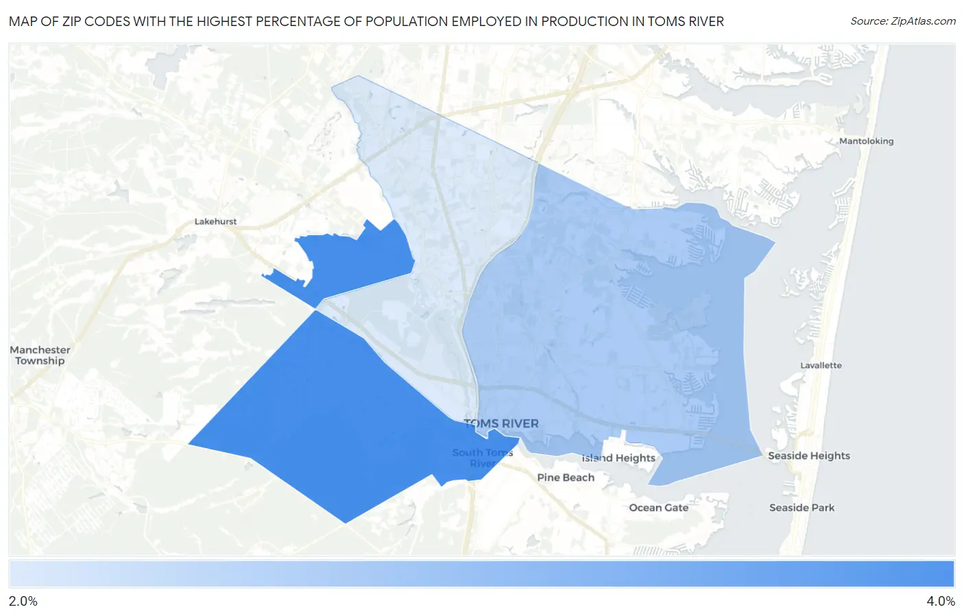 Zip Codes with the Highest Percentage of Population Employed in Production in Toms River Map