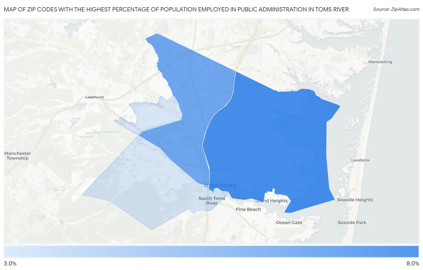 Zip Codes with the Highest Percentage of Population Employed in Public Administration in Toms River Map