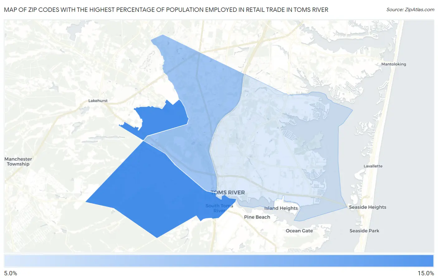 Zip Codes with the Highest Percentage of Population Employed in Retail Trade in Toms River Map