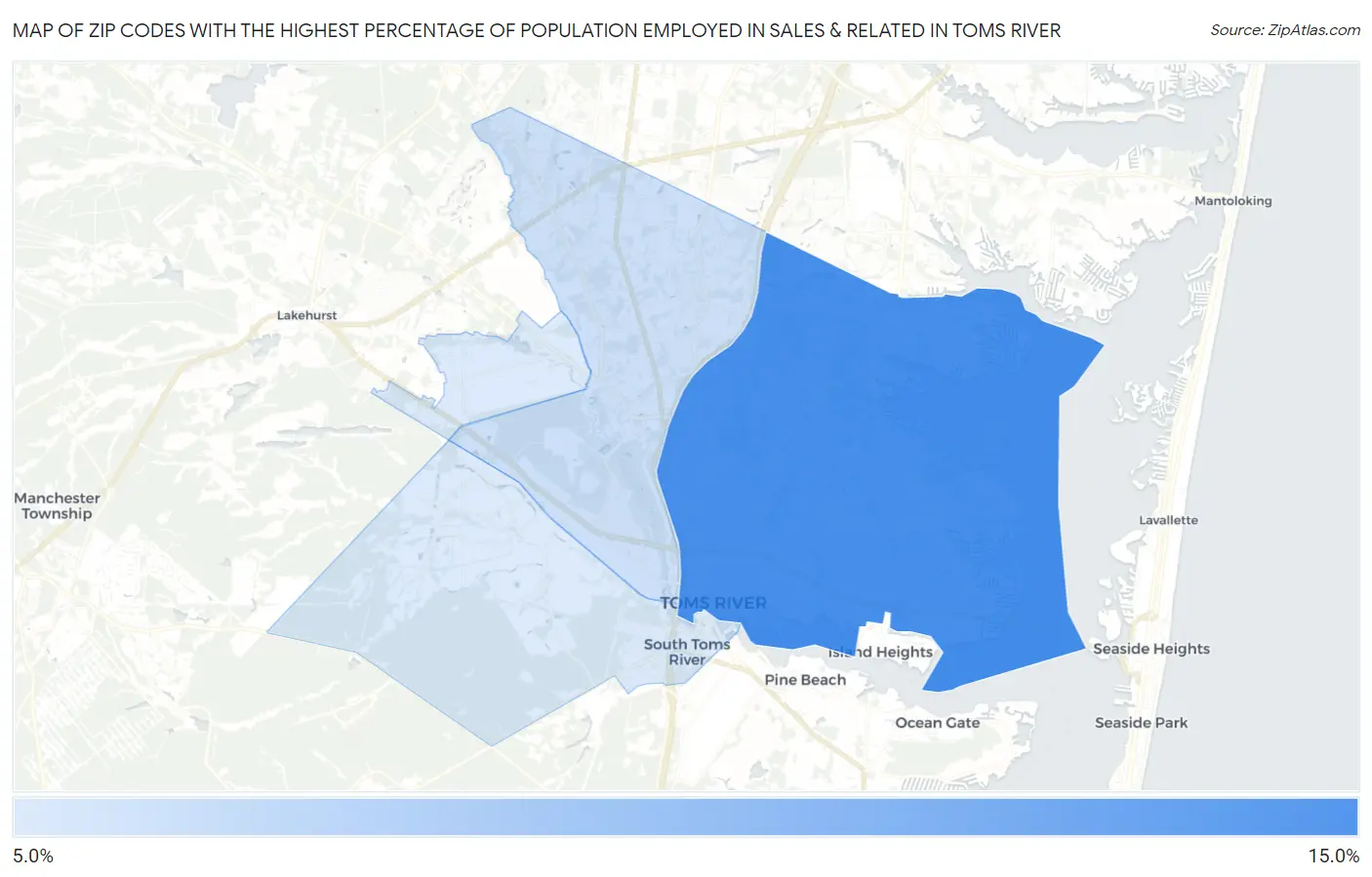 Zip Codes with the Highest Percentage of Population Employed in Sales & Related in Toms River Map