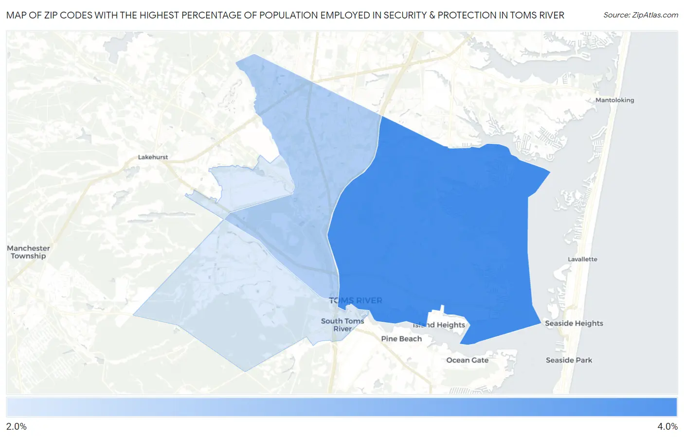 Zip Codes with the Highest Percentage of Population Employed in Security & Protection in Toms River Map