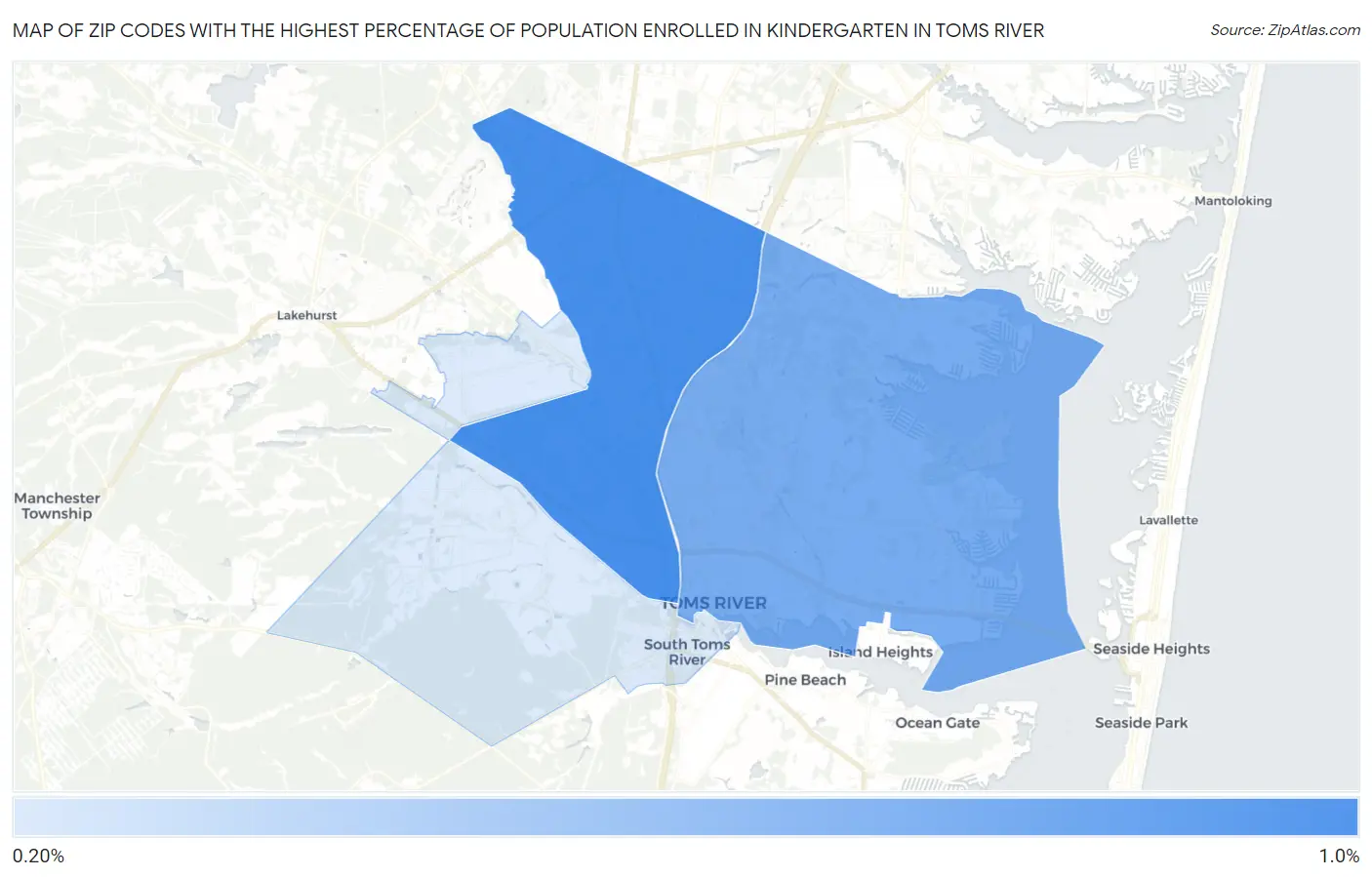 Zip Codes with the Highest Percentage of Population Enrolled in Kindergarten in Toms River Map