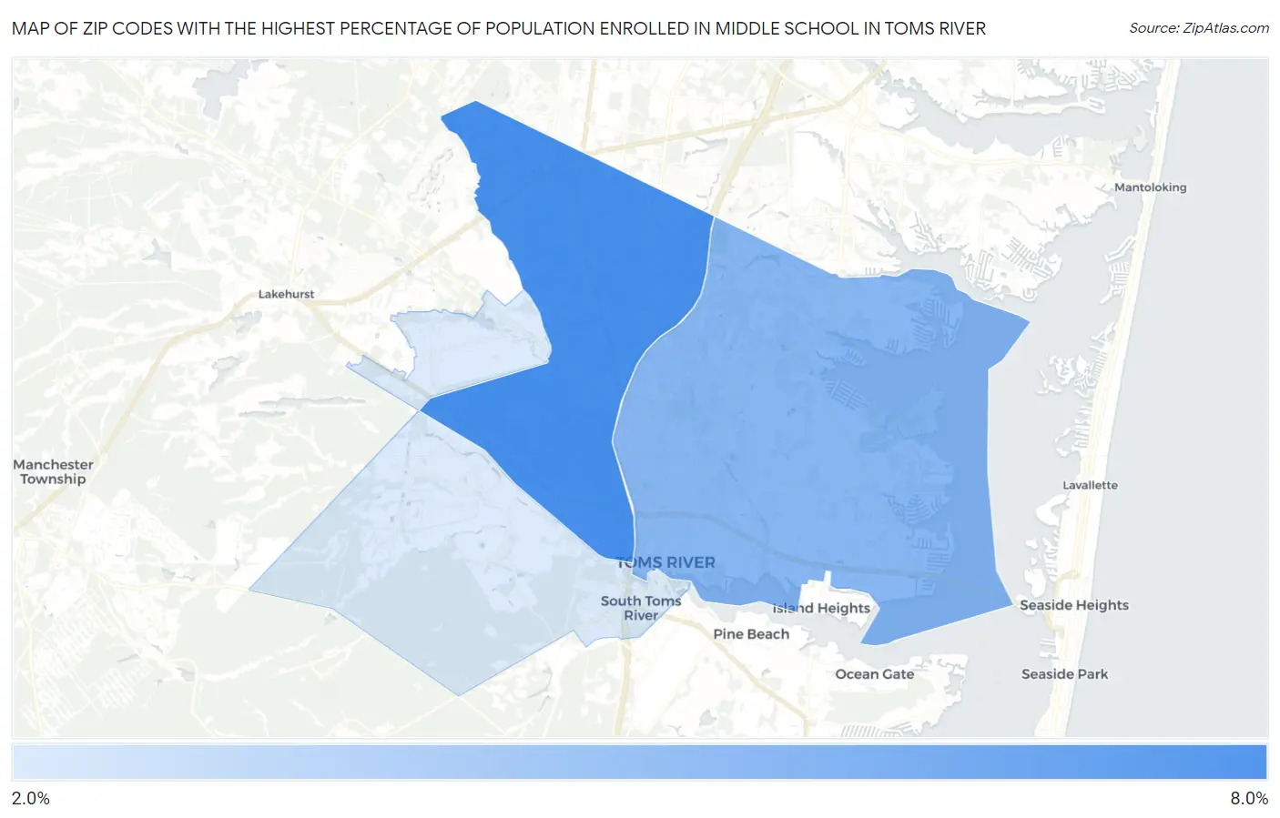 Zip Codes with the Highest Percentage of Population Enrolled in Middle School in Toms River Map