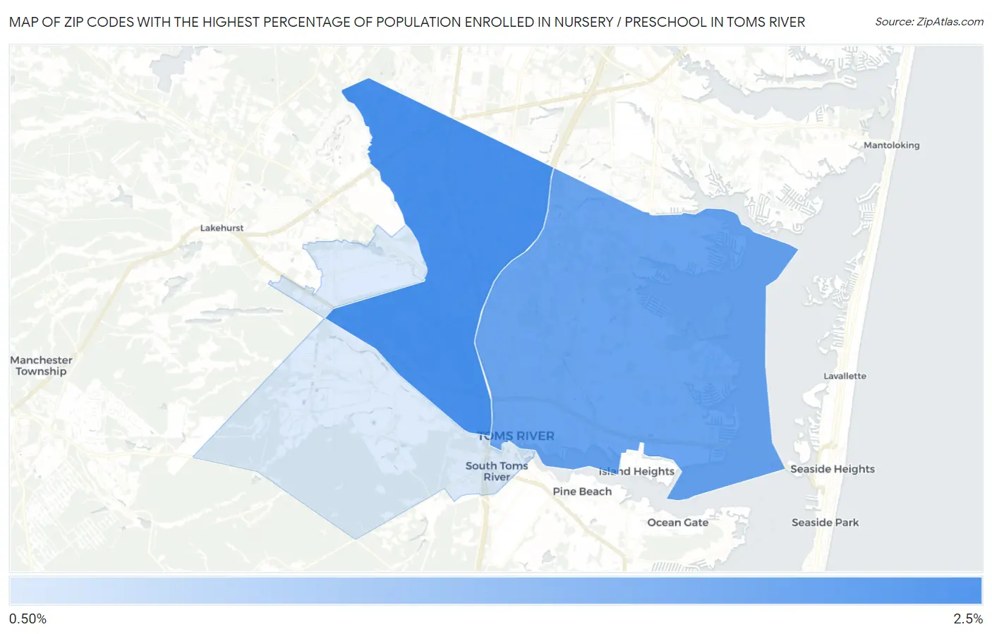 Zip Codes with the Highest Percentage of Population Enrolled in Nursery / Preschool in Toms River Map