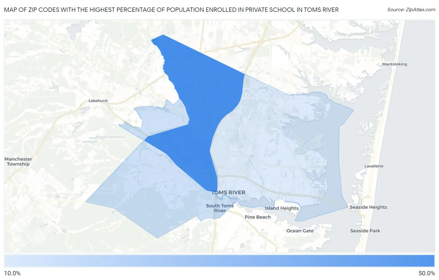 Zip Codes with the Highest Percentage of Population Enrolled in Private School in Toms River Map