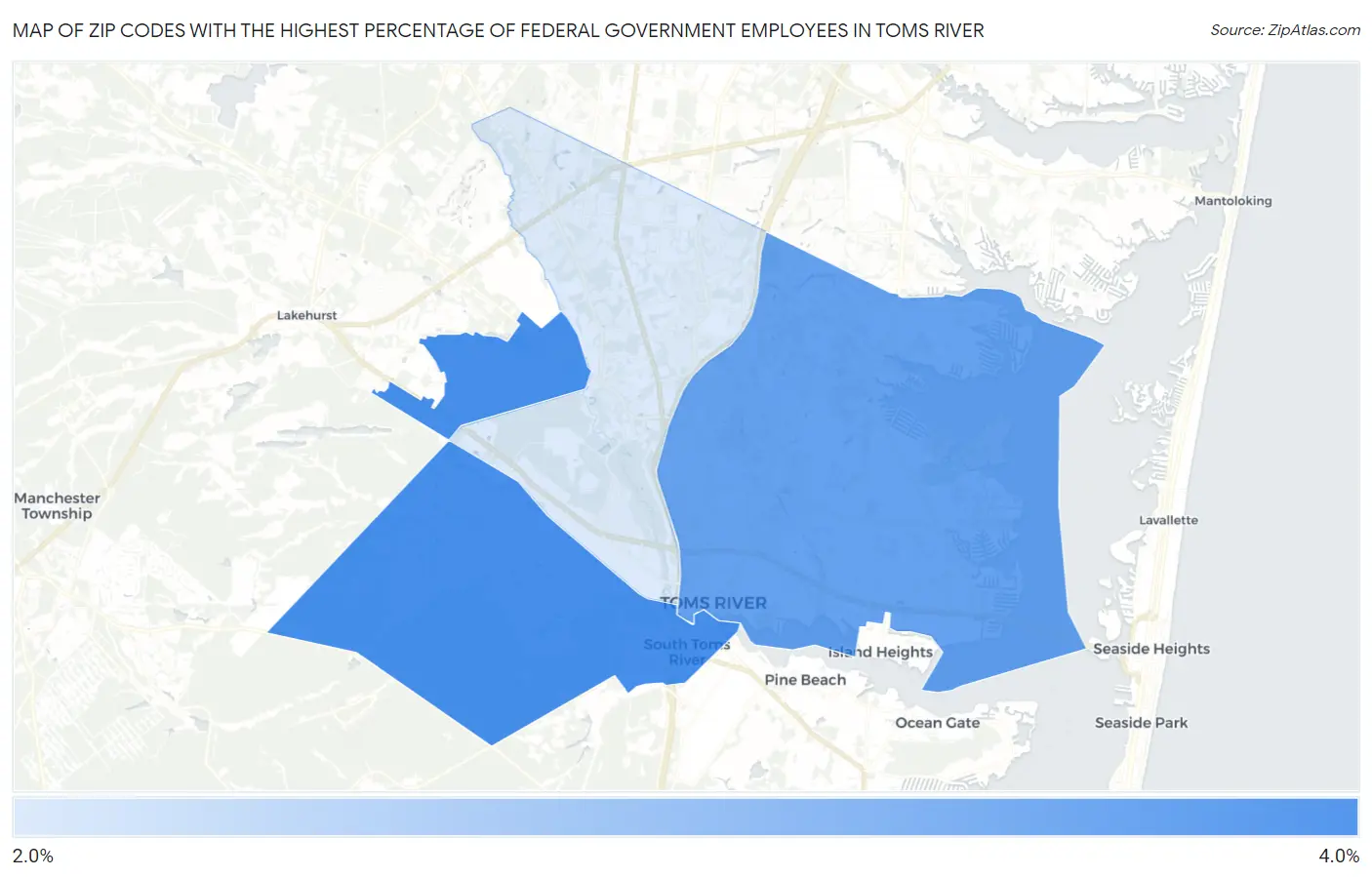 Zip Codes with the Highest Percentage of Federal Government Employees in Toms River Map